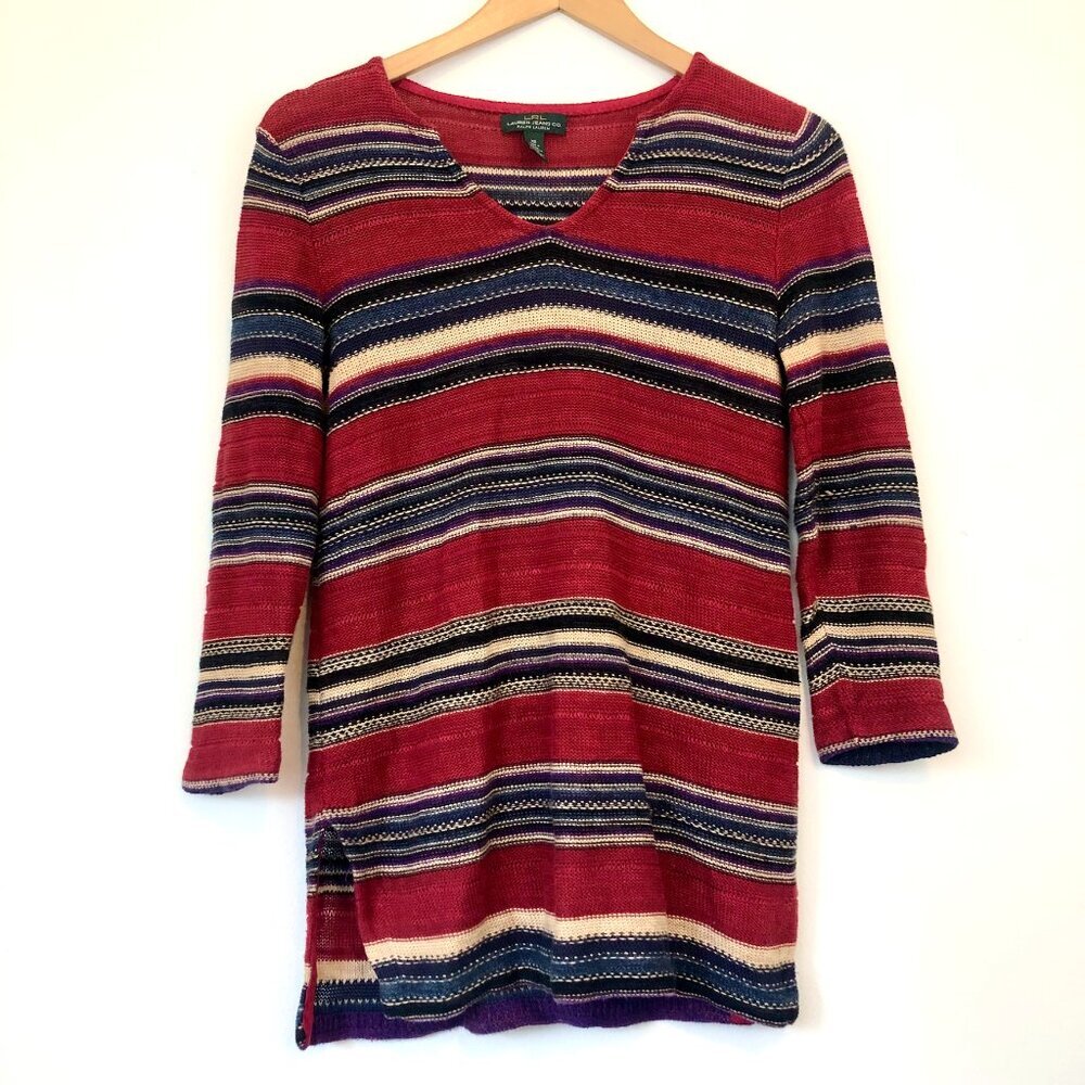 RALPH LAUREN JEANS CO LRL Red Navy Blue Striped Cotton Linen 3/4 Sleeve Sweater